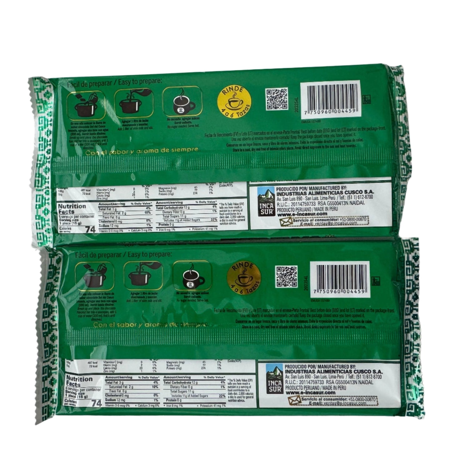 2 bars Chocolate Sol del Cuzco Taza 3.2 oz