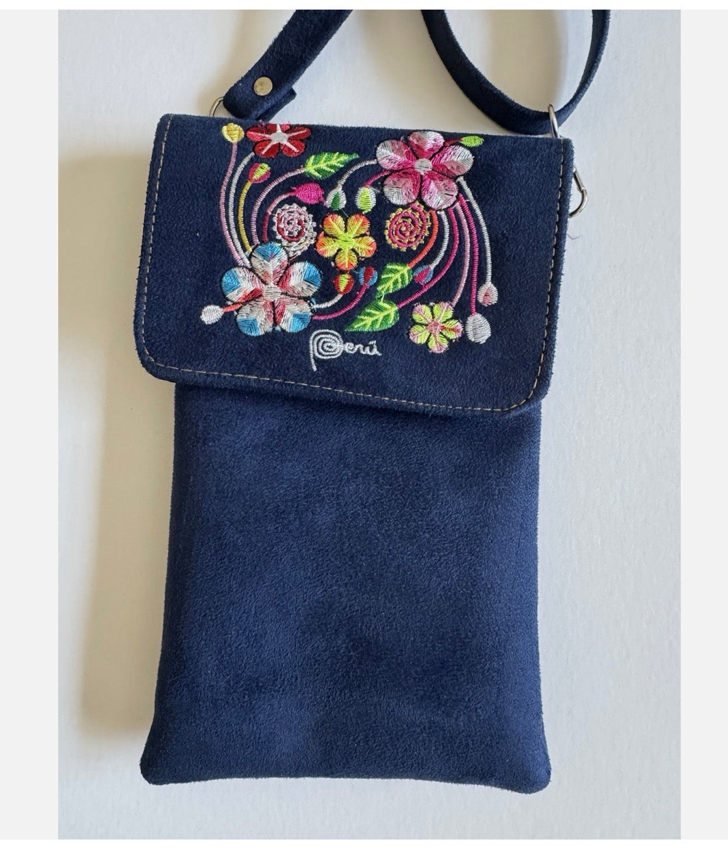 Peru Embroidered Crossbody Phone Purse – Blue Suede