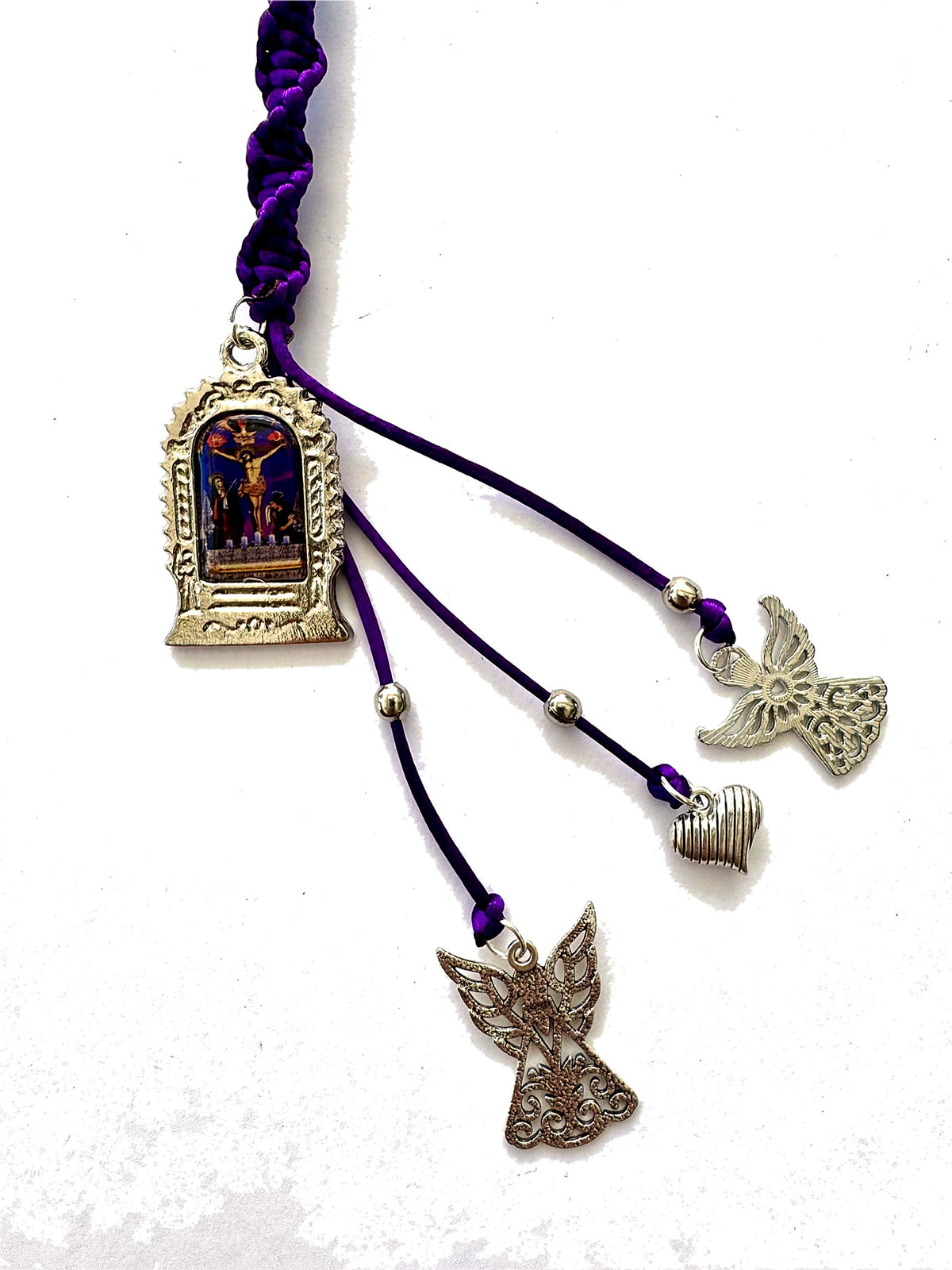 Señor de los Milagros Car Mirror Hanging Ornament – Purple Braided Cord, Catholic Rear View Mirror Charm, Peruvian Door Hanger Gift