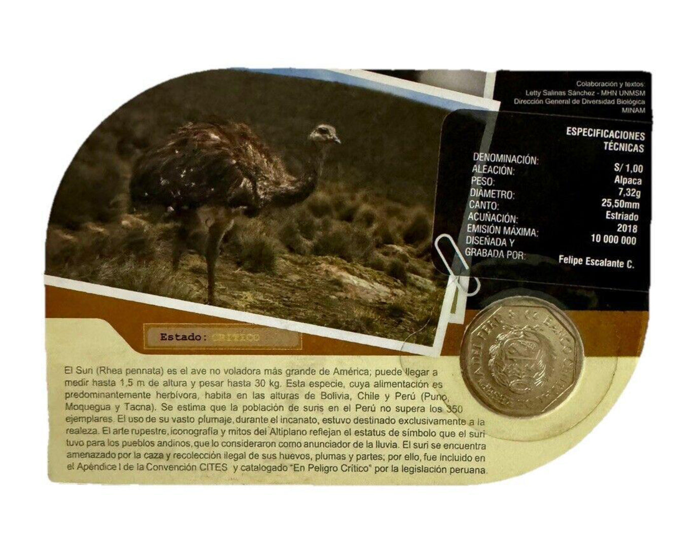 Peru 1 Sol 2019 Blister – “Suri Rhea Pennata” | Fauna Silvestre Perú Collectible Coin