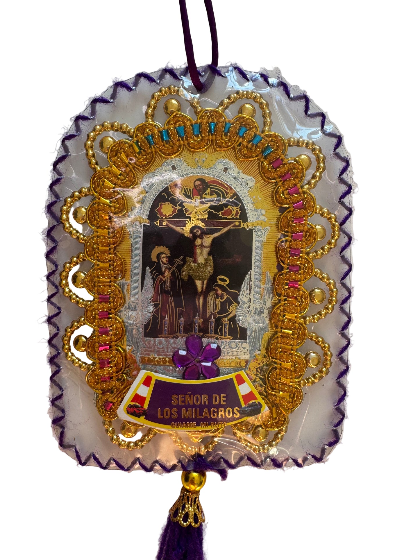 Peruvian Detente Señor de los Milagros Car Hanging Catholic Religious Protection Charm 5"x4"