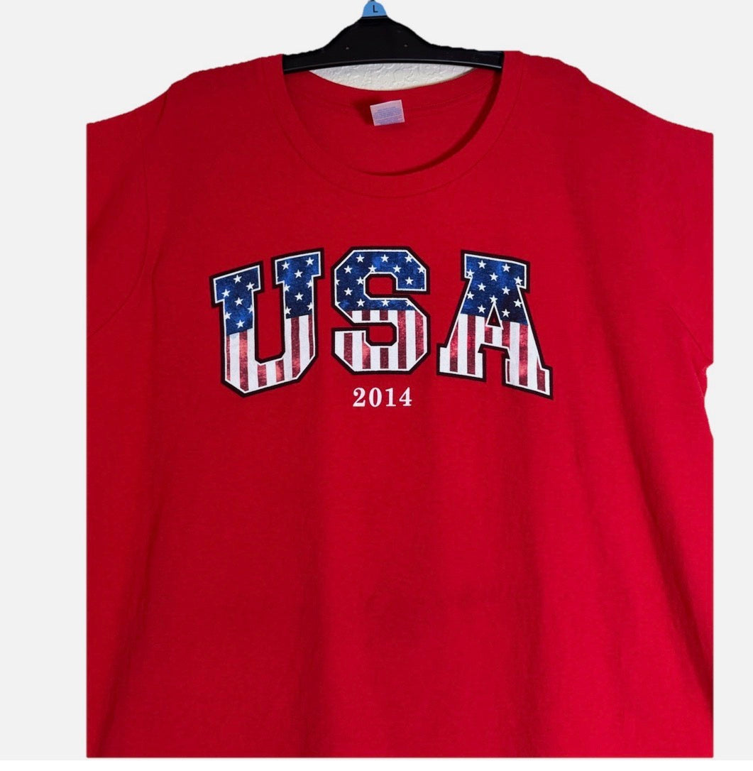 USA 2014 Mens Red Front Print Causal Shirt XL 100% Cotton