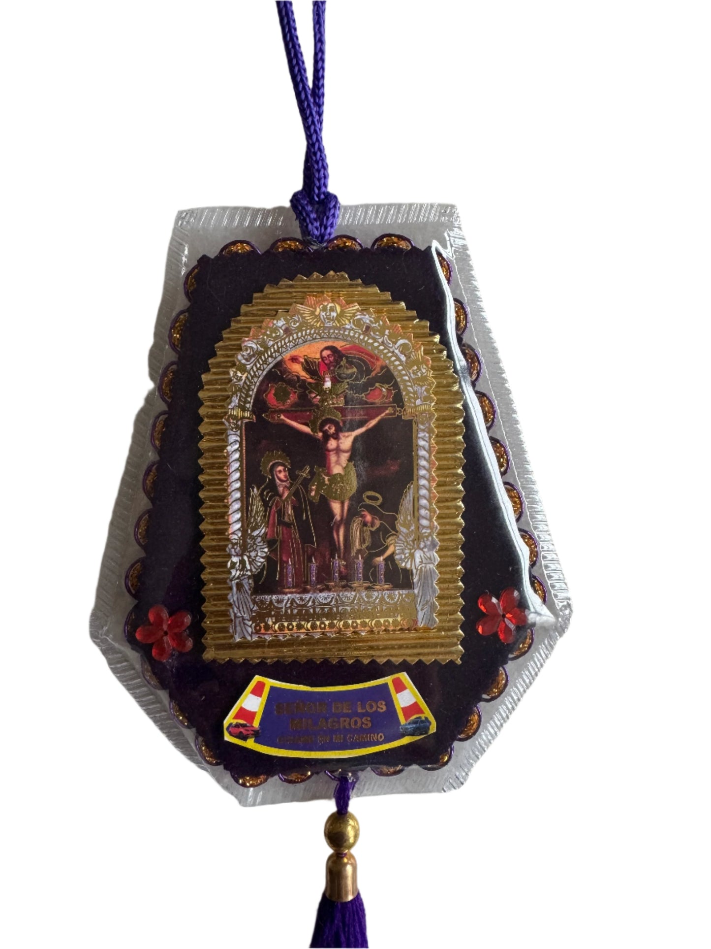 Peruvian Detente Señor de los Milagros religious car hanging 5"x 4"