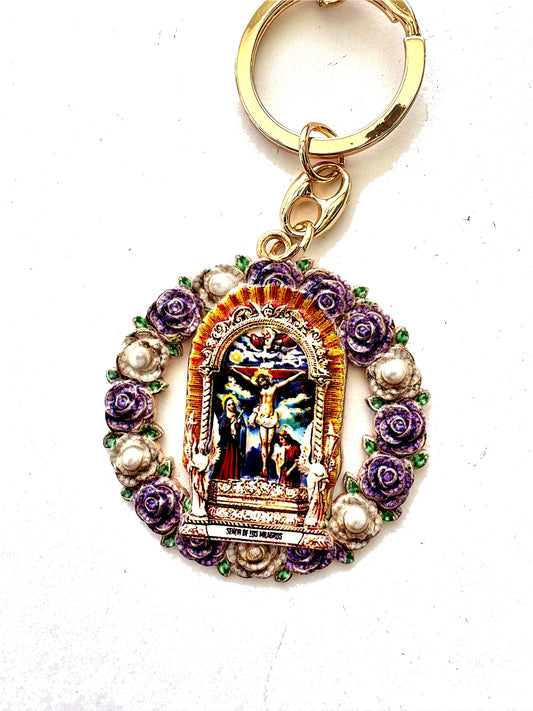 Señor de los Milagros Keychain – Purple Tassel Catholic Key Ring, Peruvian Religious Gift, Lord of Miracles Pendant, Mes Morado Devotion