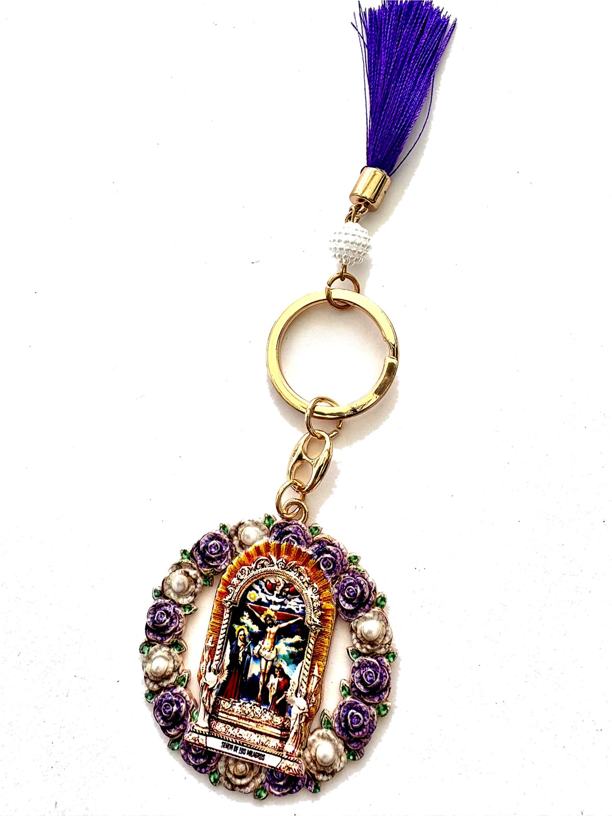 Señor de los Milagros Keychain – Purple Tassel Catholic Key Ring, Peruvian Religious Gift, Lord of Miracles Pendant, Mes Morado Devotion