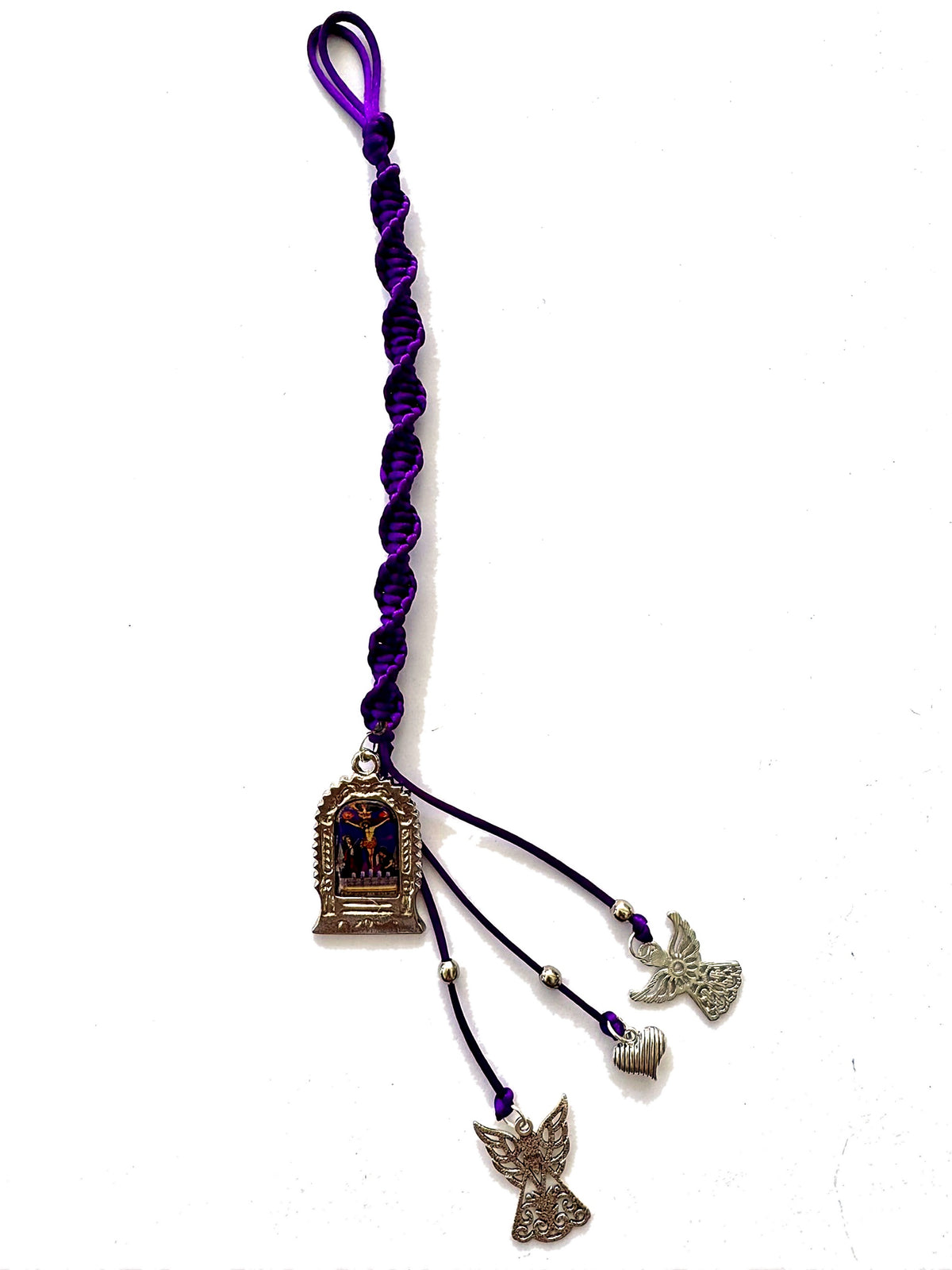 Señor de los Milagros Car Mirror Hanging Ornament – Purple Braided Cord, Catholic Rear View Mirror Charm, Peruvian Door Hanger Gift