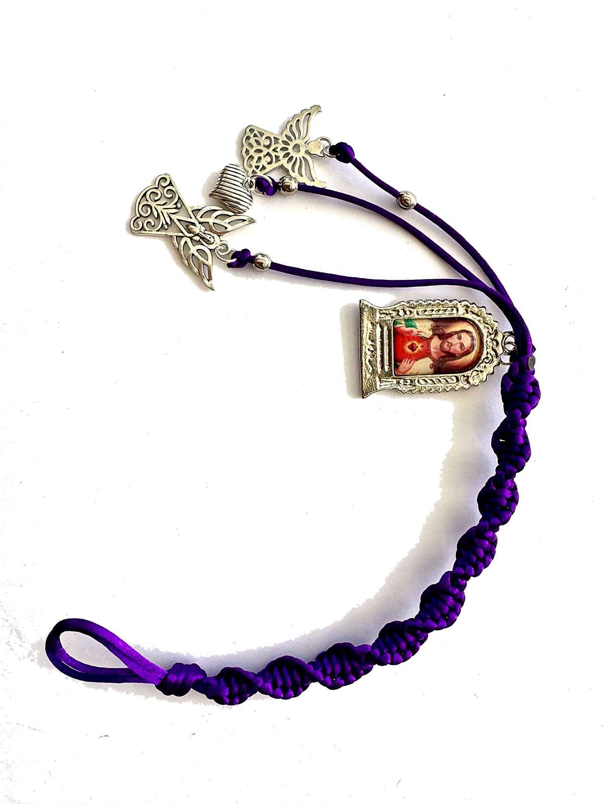 Señor de los Milagros Car Mirror Hanging Ornament – Purple Braided Cord, Catholic Rear View Mirror Charm, Peruvian Door Hanger Gift