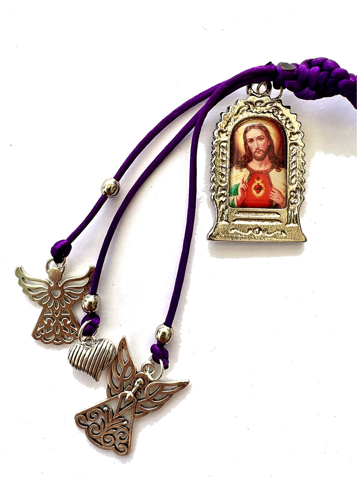 Señor de los Milagros Car Mirror Hanging Ornament – Purple Braided Cord, Catholic Rear View Mirror Charm, Peruvian Door Hanger Gift