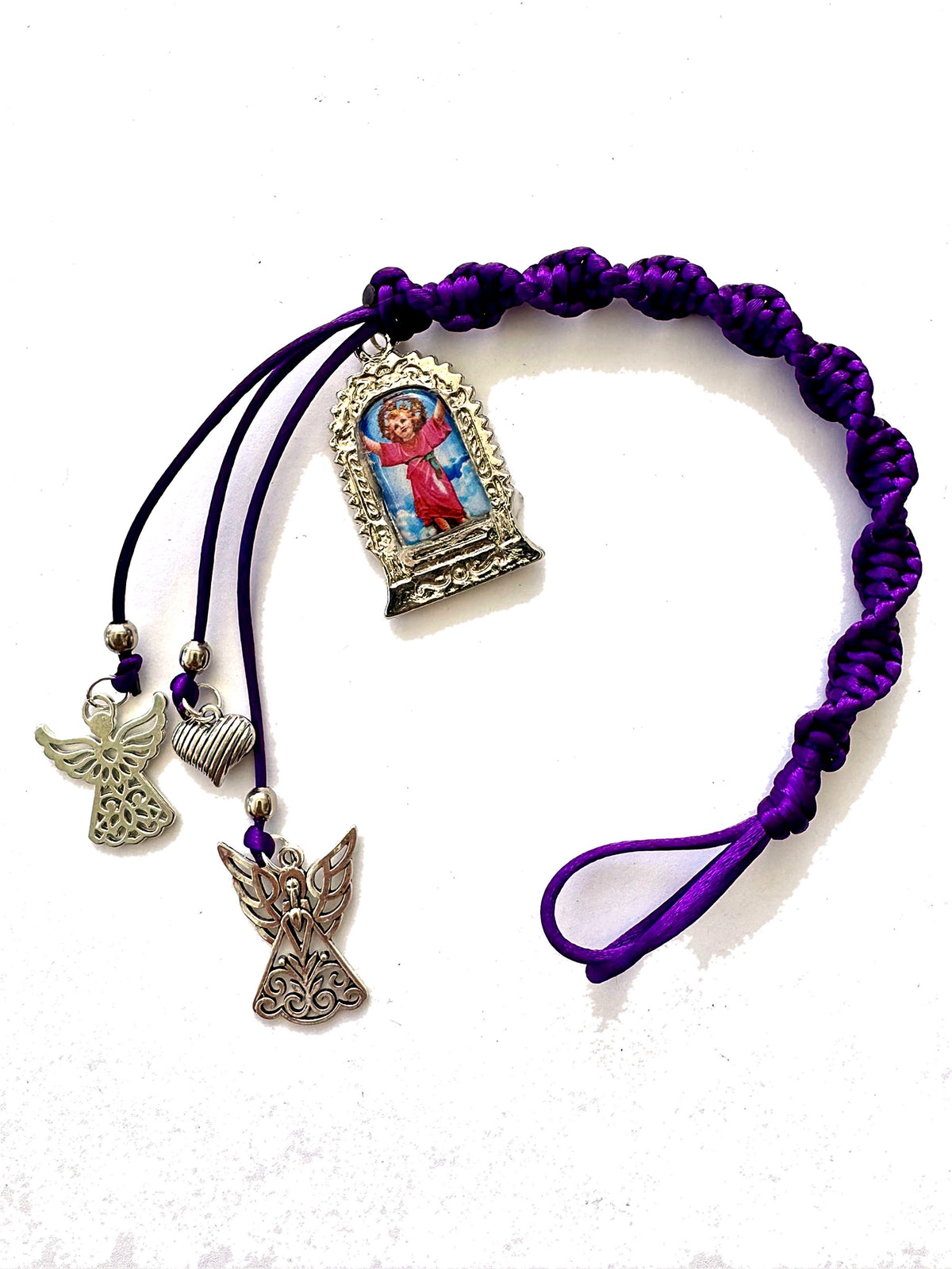 Señor de los Milagros Car Mirror Hanging Ornament – Purple Braided Cord, Catholic Rear View Mirror Charm, Peruvian Door Hanger Gift