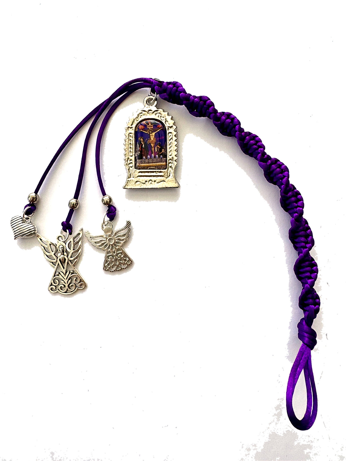 Señor de los Milagros Car Mirror Hanging Ornament – Purple Braided Cord, Catholic Rear View Mirror Charm, Peruvian Door Hanger Gift