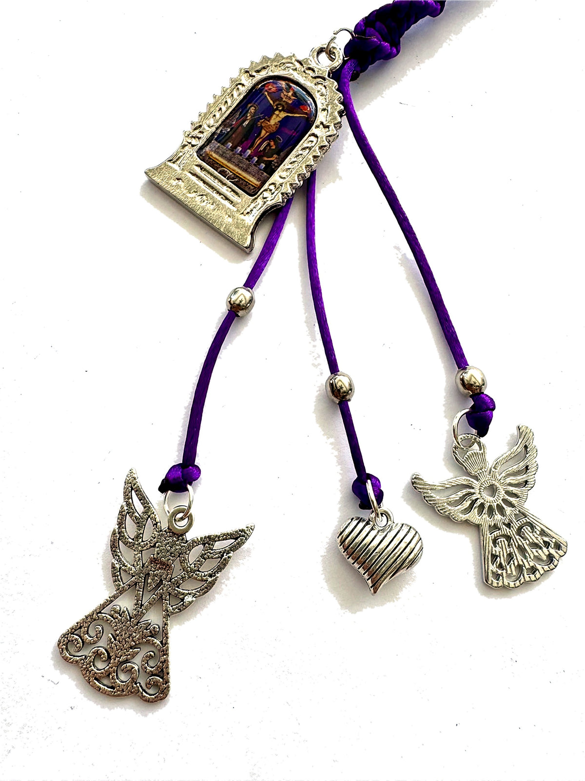 Señor de los Milagros Car Mirror Hanging Ornament – Purple Braided Cord, Catholic Rear View Mirror Charm, Peruvian Door Hanger Gift
