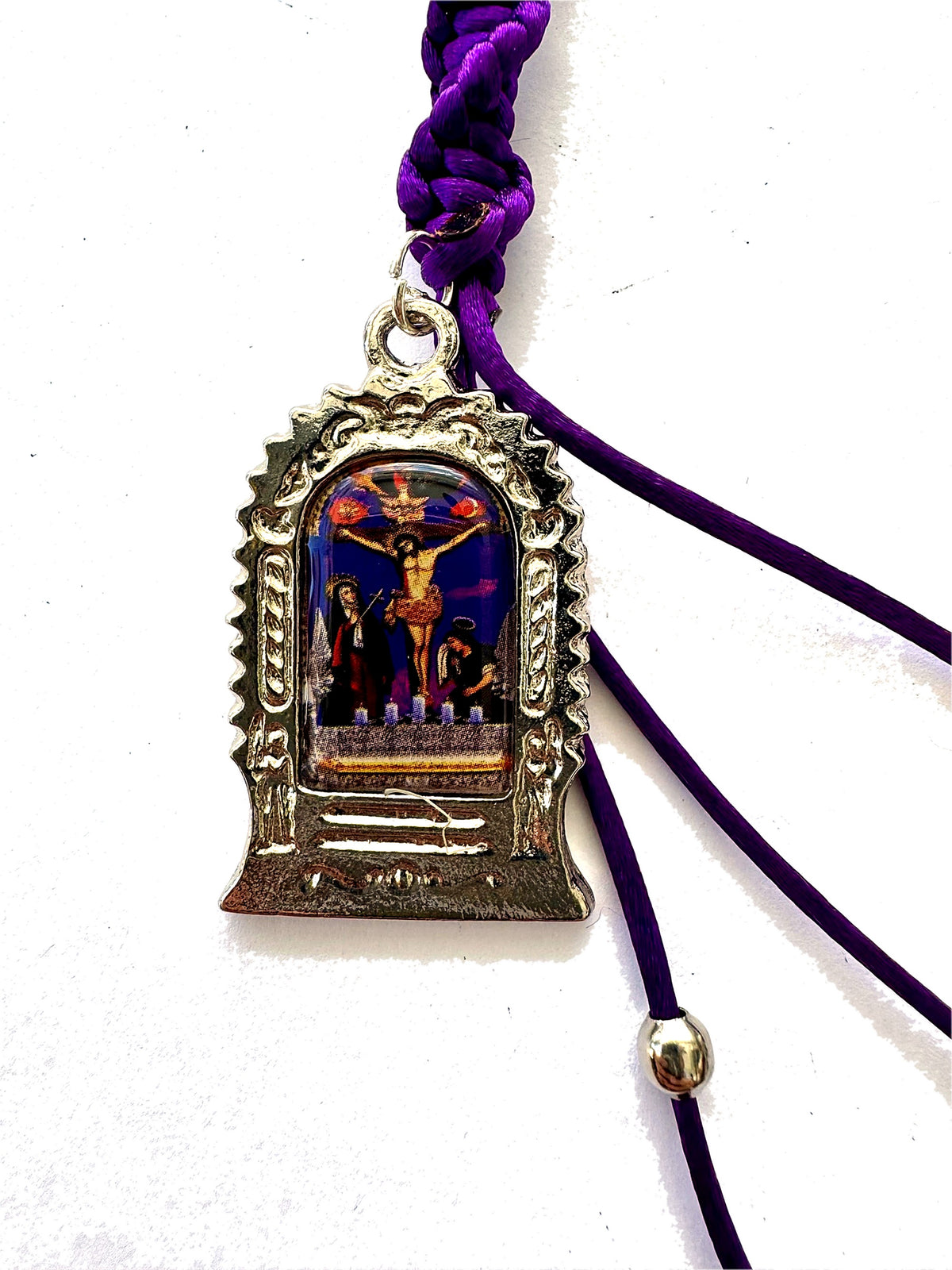 Señor de los Milagros Car Mirror Hanging Ornament – Purple Braided Cord, Catholic Rear View Mirror Charm, Peruvian Door Hanger Gift