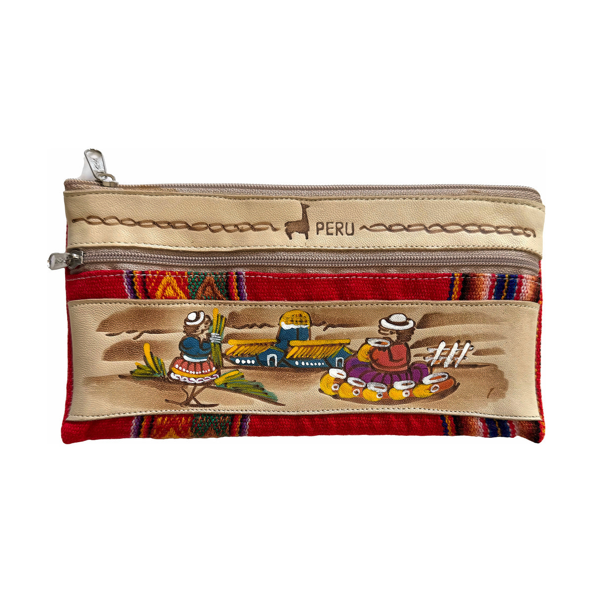 Peruvian Double-Zip Pouch – Hand-Painted Leather & Andean Woven Fabric