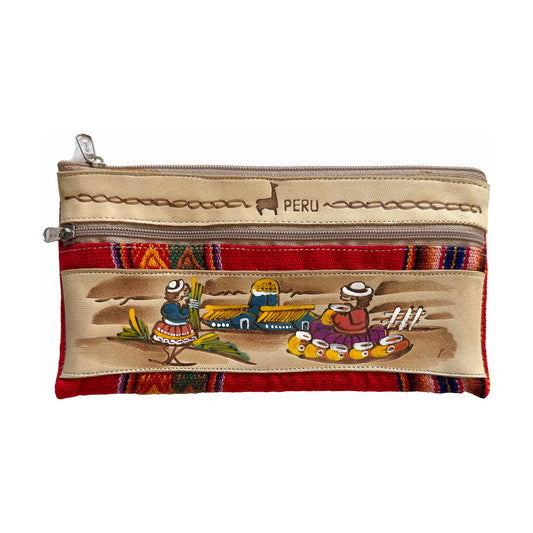 Peruvian Double-Zip Pouch – Hand-Painted Leather & Andean Woven Fabric