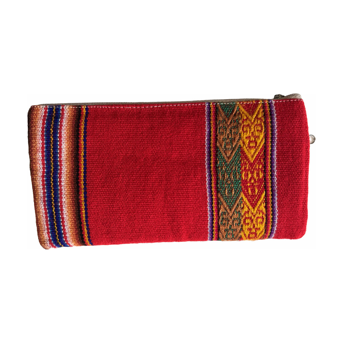 Peruvian Double-Zip Pouch – Hand-Painted Leather & Andean Woven Fabric