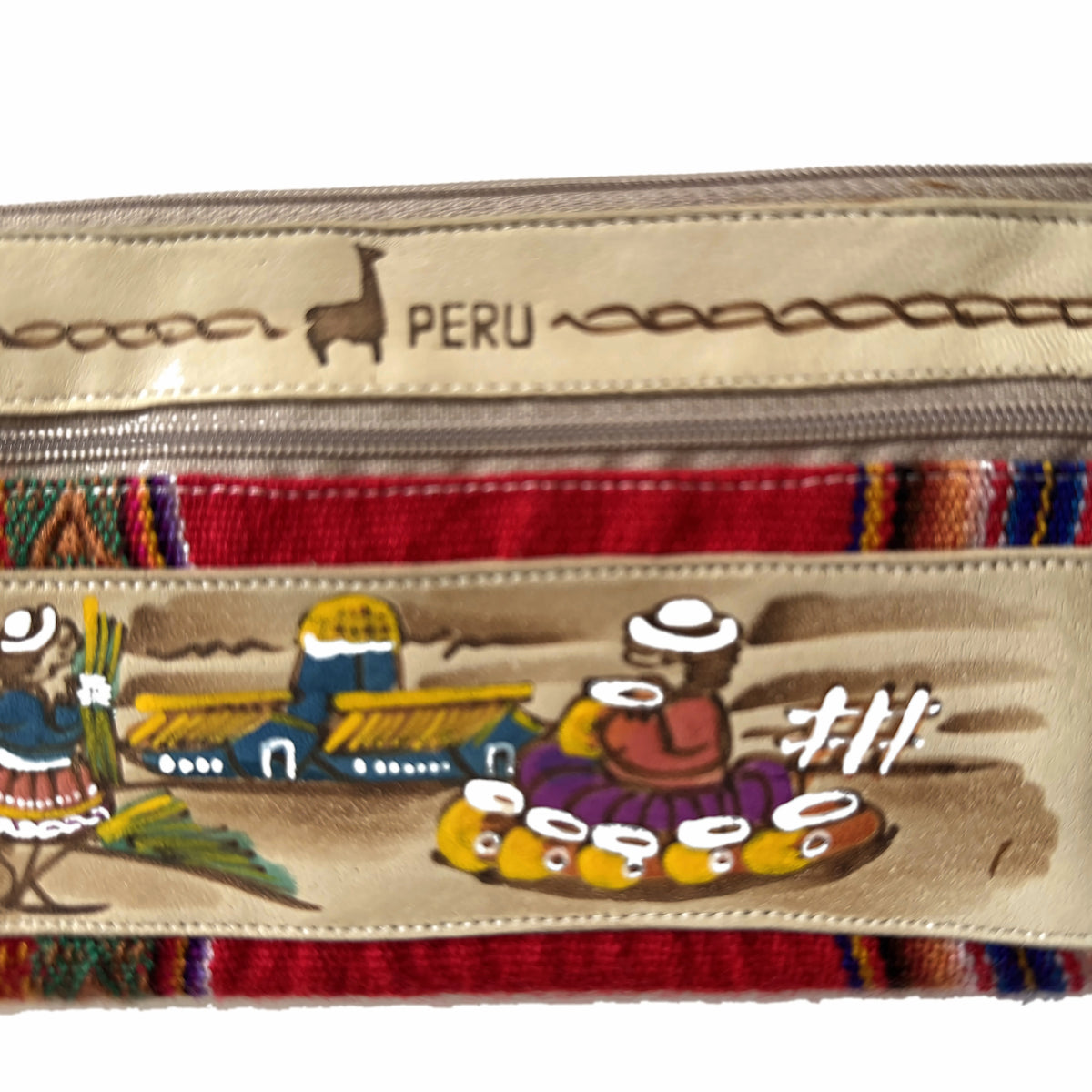 Peruvian Double-Zip Pouch – Hand-Painted Leather & Andean Woven Fabric