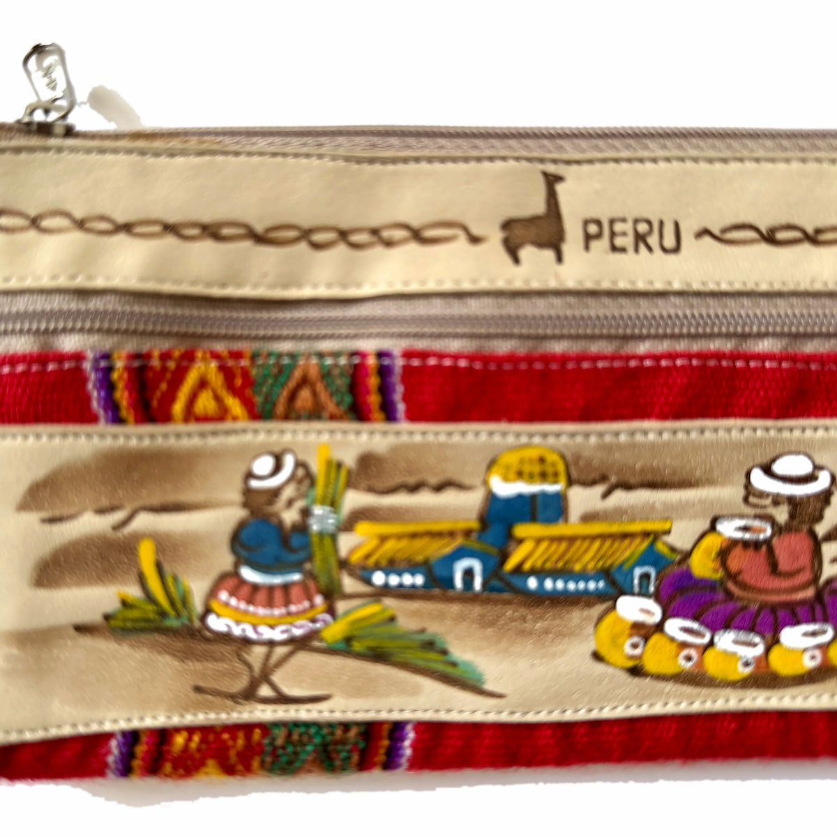 Peruvian Double-Zip Pouch – Hand-Painted Leather & Andean Woven Fabric
