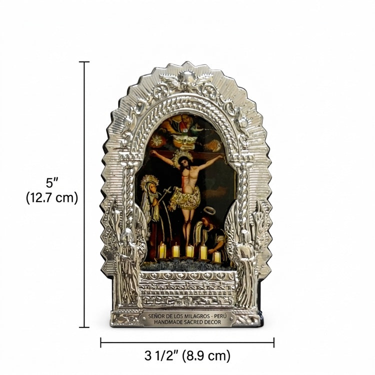 Señor de los Milagros Altar – Silver Frame Peruvian Catholic Devotional Art 3.5" x 5"