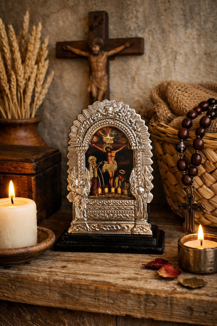 Señor de los Milagros Altar – Silver Frame Peruvian Catholic Devotional Art 3.5" x 5"