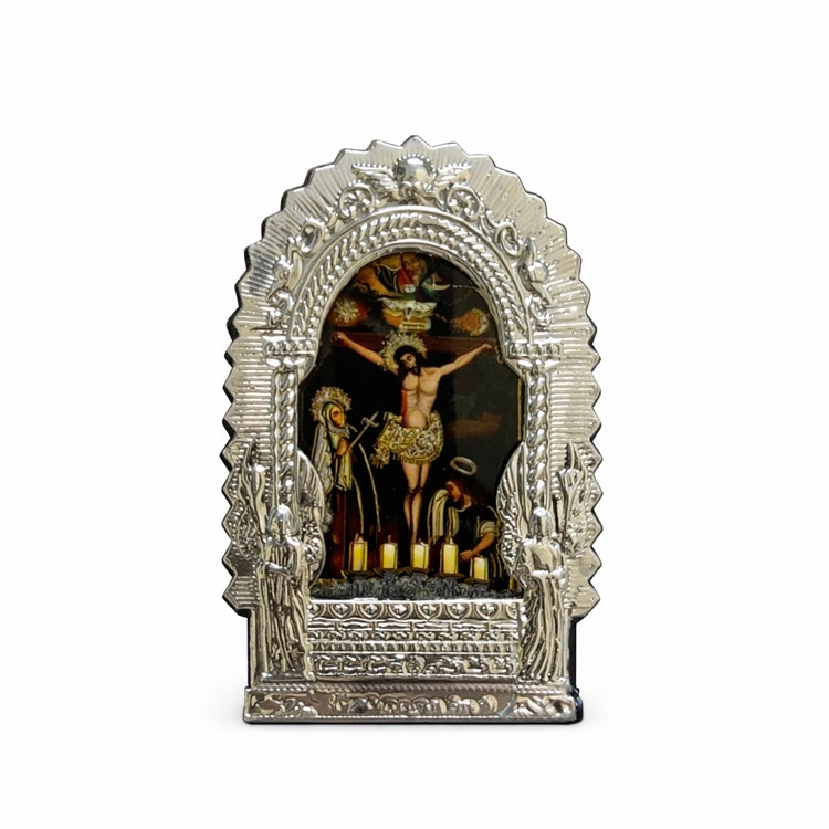 Señor de los Milagros Altar – Silver Frame Peruvian Catholic Devotional Art 3.5" x 5"